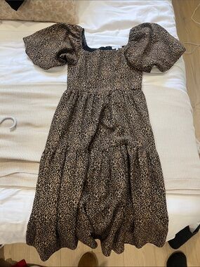 Leopard Print Midi Dress with Puff Sleeves - Brown/Black
